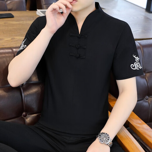 皮尔卡丹（pierre cardin）冰丝t恤男士短袖2025新款男装中国风V领半袖夏季薄款中式盘扣体恤 E9871白色 (冰丝滑料) M