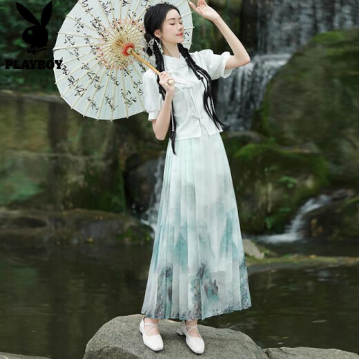 
Playboy; PLAYBOY new Chinese jacquard retro stand collar button Chinese style short-sleeved top one-piece national trend printed horse-face skirt suit for women 2375 white + 2396 green + 12187 white M