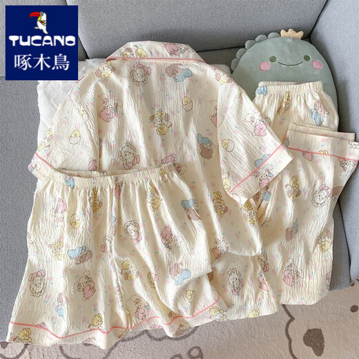 啄木鸟mikko睡衣女款夏季纯棉纱布短袖ins日系可爱春秋天家居服三件套装 云朵棉-9902#星星KT猫三件套 XL 女【建议115-140斤】