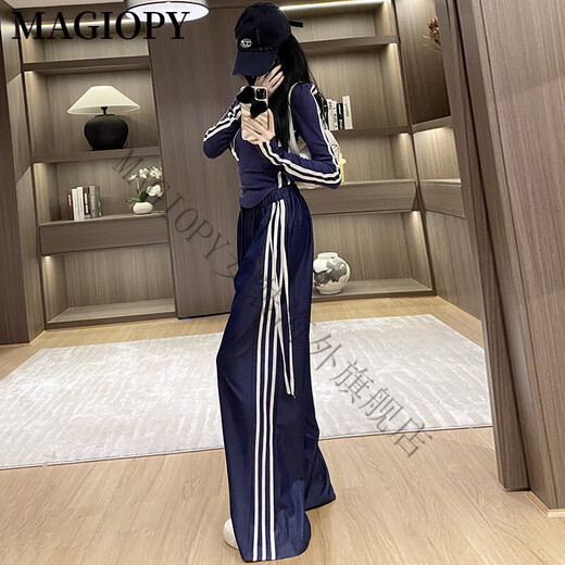 MAGIOPY International Luxury High-end Brand Cool Spicy Casual Sports Set for Women 2025 Spring New American Short Long Sleeve T Blue Two-Piece Set S (100Jin [Jin equals 0.5 kg])