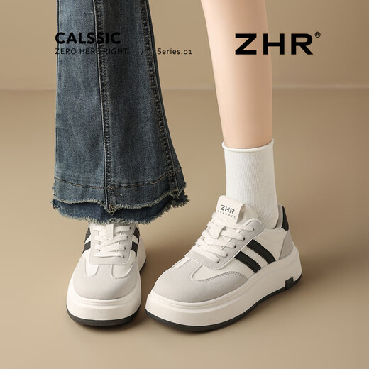 ZHR板鞋女复古厚底增高休闲鞋子潮流软底运动鞋女韩版百搭舒适小白鞋 米黑 37