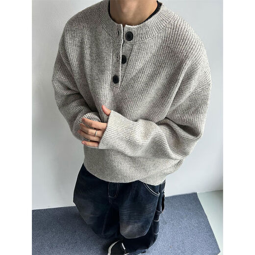 Xiaohongshu popular gray American retro Henry collar sweater men's winter lazy style knitted sweater cleanf light gray upgraded version 90 choices M M