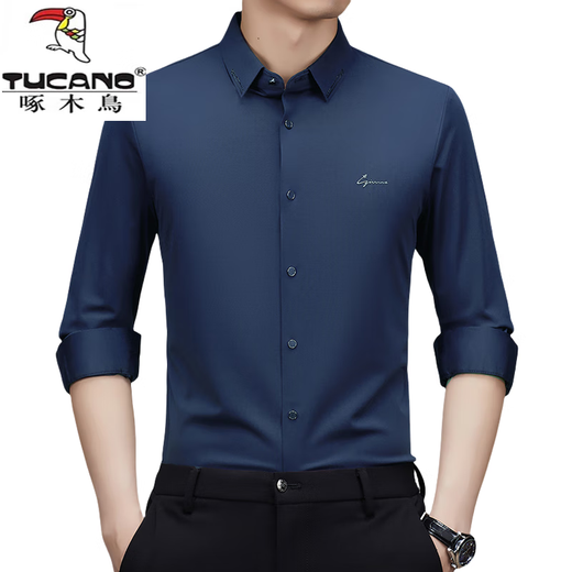 啄木鸟新款羊毛翻领长袖衬衫中老年男士免烫商务休闲宽松衬衣爸爸装 长袖9902蓝色 M 165建议100-115斤