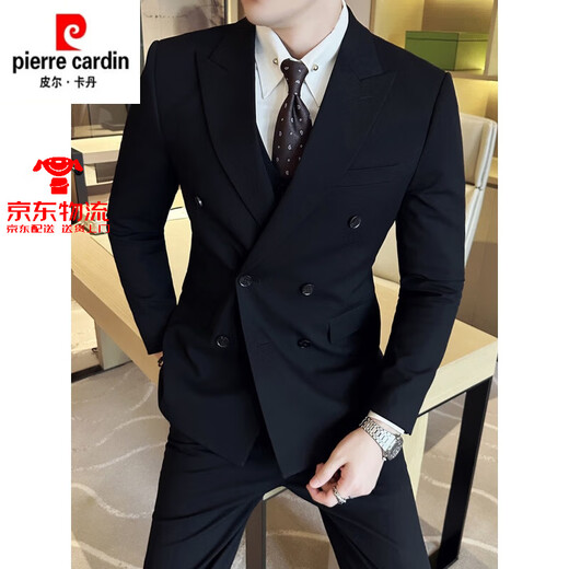 Pier Cardan Suit Men's Men's Light and Casual Double-Breasted 2024 Nouveau commuter haut de gamme Robe de costume simple Men Gris foncé (costume + pantalon) Black Shirt and Tie 6xl (62)