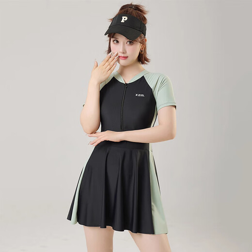 Longwu large size one-piece swimsuit for fat mm, seaside vacation, flesh-covering swimsuit with breast pads, adult conservative slimming skirt swimsuit, large size swimsuit, fresh green 2XL, recommended 120-145Jin Jin is equal to 0.5 kg