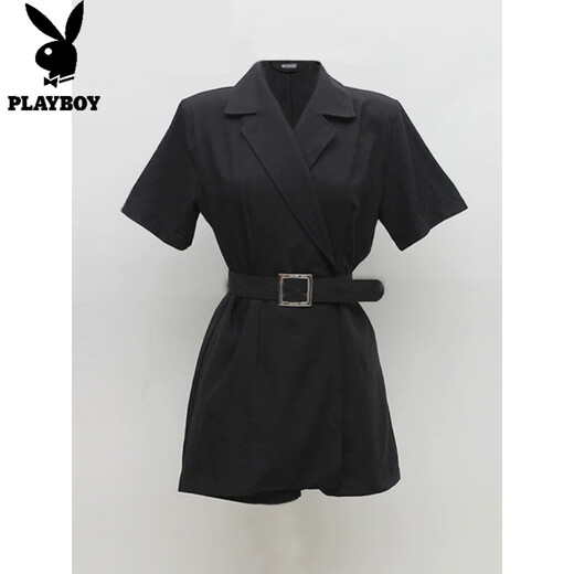 花花公子;PLAYBOY法式新款夏季韩版连体衣女装气质收腰连身短袖西装领连体短裤套装 黑色 S