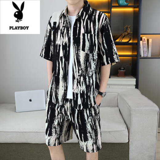 花花公子（PLAYBOY）痞帅衬衣一套男夏季冰丝套装感花衬衫短袖短裤沙滩两件套搭配 679白色套装 M 110斤以内