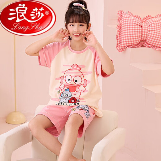 浪莎儿童睡衣女夏季短袖薄款棉质学生女大童卡通拉布布宽松套装家居服 MK6627恐龙绿[短套] 10码[推荐身高110-120] 均码
