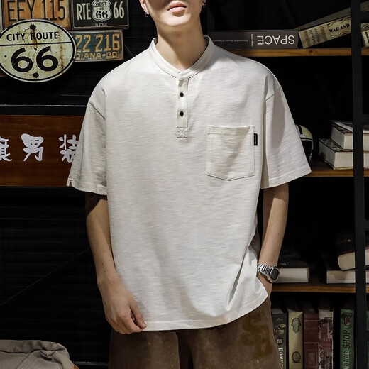 Kazuki Kuraishi Kuraishi Kazuki Trendy Henry Neck Polo Men's Short Summer Summer New American rétro T-shirt en vrac Top White M 100-120Jin [Jin est égal à 0,5 kg]