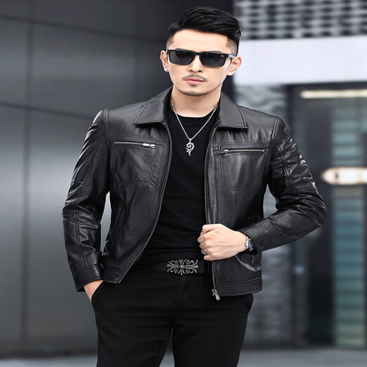 Playboy (PLAYBOY) Genuine Leather Jacket Men's Short Loose Large Pier Layer Calfskin Lapel Autumn and Winter Business Motorcycle Leather Jacket Black Single Style XL