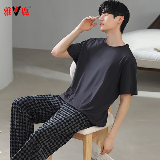 Yalu Modal Pyjamas Herren Sommer kurzärmelige langbeinige Hose für Hauskleidung.