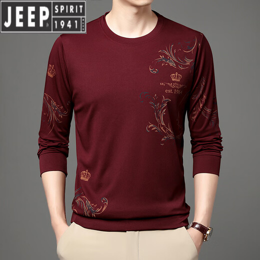 JEEP SPIRIT中青年男士夏季冰丝长袖t恤薄款圆领2023新款中年男打底衫体恤潮 B6627上青 M 165/105/48100-120斤