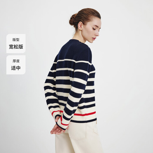 Navigare Italiener kleiner Segel Runder Hals gestreifter Pullover für Frauen 2025 Herbst Neu lose losen bequemer gestrickter Pullover modische Top Marine Blau und Weiß L.