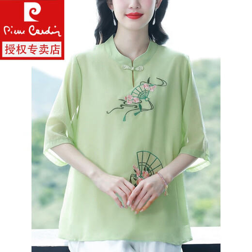 皮尔卡丹（pierre cardin）妈I妈夏装国风刺绣上衣新中式盘扣立领宽松中袖七分袖雪纺衬衫女 紫色【扇子刺绣-雪纺面料】 9196 M 建议95斤内