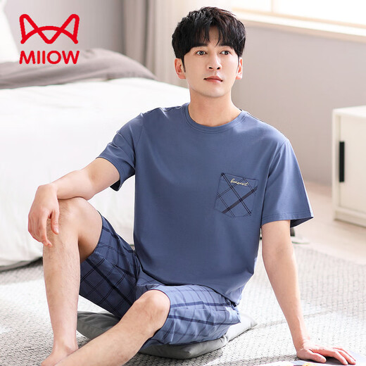 Catman Miiow Men's Pyjamas Summer Coton Pure Coton à manches courtes 2025 NOUVELLEZ MENS TROISSETS TROISE SETH SUMME SUMM'S Home's Home Clothing Set LJF6621 Black Feather Color [Tissu doux et adapté à la peau] 2xl [poids suggéré 160-180 Jin [Jin est égal à 0,5 kg]]]