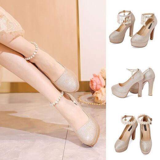 Yalso children's high-heeled shoes 10-15 years old performance girls' leather shoes high-heeled crystal single shoes girls golden model catwalk gold pearl/12cm thick heel 34