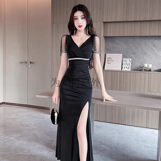 为知树夜总会性感深V礼服包臀连衣裙SPA足浴洗浴技师夜场KTV佳丽工作服 增3882黑色+ L 建议105-115斤