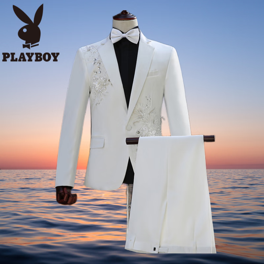 Playboy (PLAYBOY) White Embroidered Suit Singer Performance Suit Male Emcee Host Men's Chorus Dress Men's Suit Suit White Suit Jacket + Pants + Waistband + Bow Tie L Height 175 Weight 145 Jin Jin is equal to about 0.5 kg