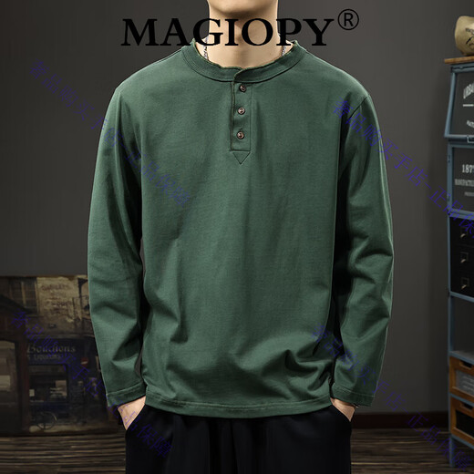 MAGIOPY luxury high-end brand men's spring and autumn new heavy cotton Henry collar long-sleeved T-shirt men's loose large size bottoming shirt Army Green M 100 120Jin Jin is equal to 0.5 kg