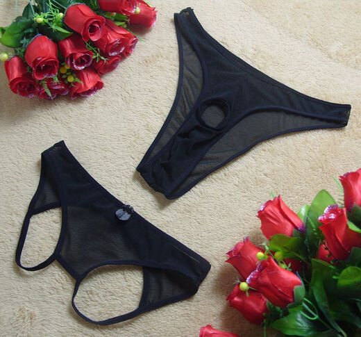 2 packs of hot and sexy mesh transparent low-waist women's briefs men's thongs couple underwear one size fits all Men's mesh with holes + Women's mesh with crotch black