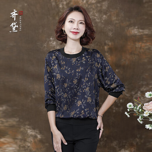 QUEDIT brand high-end silk long-sleeved T-shirt tops for women large size stretch satin printed mulberry silk high-end fashion middle-aged dark blue flowers XL recommended 120-130 Jin Jin equals 0.5 kg