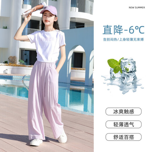 Balabala Offizielle Website Flagship Store Girl Anzug Set für Kinder 2025 Mode und modische Sportarten große Kinder Sommer Neue Style Zwei Stücke 9889 Weiß + 15029 Pink_ [Set] 140 cm