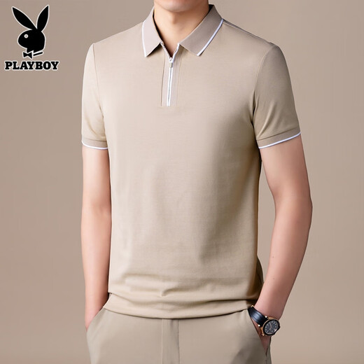 花花公子（PLAYBOY）高端半拉链Polo衫男士短袖t恤夏季新款宽松冰丝半袖上衣服男T舒适 FYMB9276石墨灰 XL 【121-140斤】