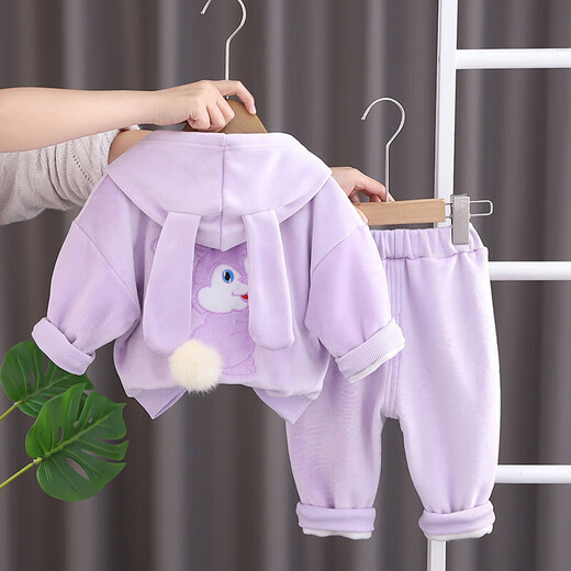 Autumn and winter thickened double-sided velvet rabbit sweatshirt two-piece set with three-dimensional rabbit ears and rabbit tail cute childlike baby set thickened double-sided velvet rabbit-pink 90 Recommended height 75-85