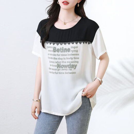 DRYWORLD2025夏宽松大码女装新款烫钻花撞色雪纺衫短袖上衣微胖妹妹女夏 花色 【花拼接9859上衣】 M