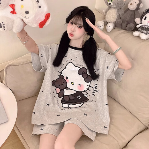 YIMENGTO伊门驼Kiti猫睡衣女夏季2025年新款短袖卡通学生大码夏天家居服套装 短-Z-9928 M  建议80-100斤