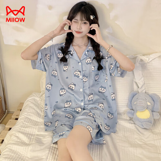 MiiOW butterbear ice silk pajamas for women summer short-sleeved cute cartoon home clothes three-piece suit ice silk Xiaoba short-sleeved + shorts 2XL recommended 125-140Jin Jin equals 0.5 kg