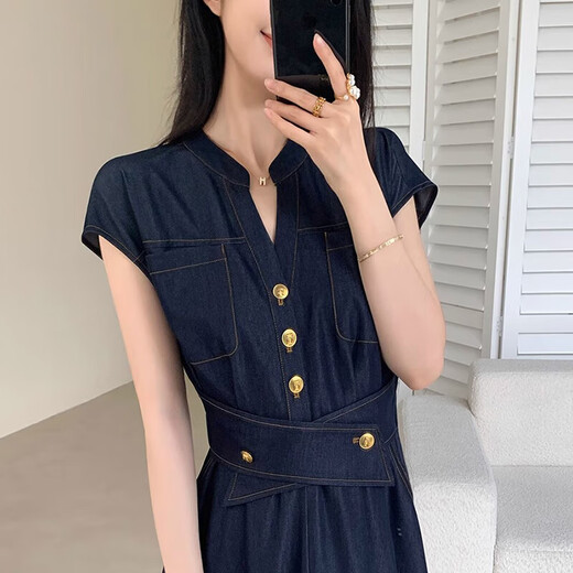 
Women's 2025 summer new style waist-hugging and slim-looking commuting long skirt D1833 dark blue L [110-120Jin[Jin equals 0.5 kg]]