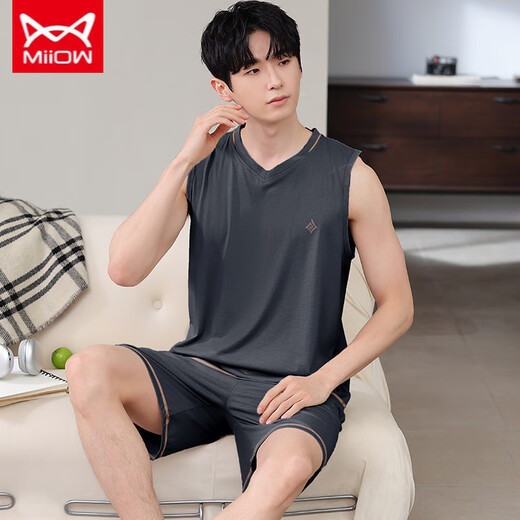 Catman MIIOW Modal men's pajamas summer sleeveless vest thin pajamas home clothes two-piece set Modal cool set-12023 L (recommended 100-125 Jin [Jin equals 0.5 kg])