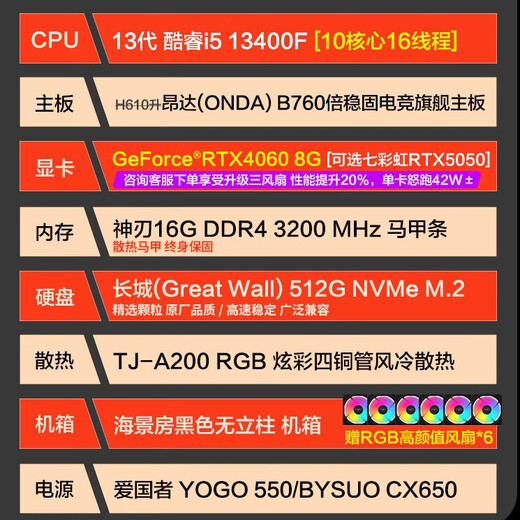 技嘉 酷睿i5 13400F台式组装电脑主机RTX4060Ti/5060Ti游戏高端电竞独显直播设计渲染整机 配置一：i5 13400F+RTX4060