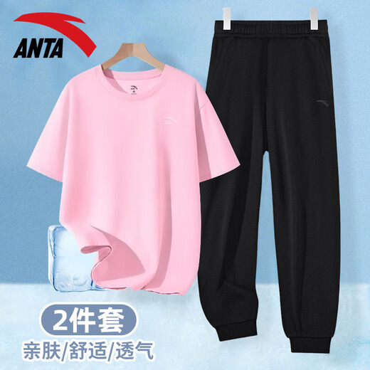 Anta Casual Sports Set para mujeres 2025 Summer Nuevo algodón de algodón Camiseta de manga corta pantalones Sportswear suelto set [set] -5 yocao verde m/165