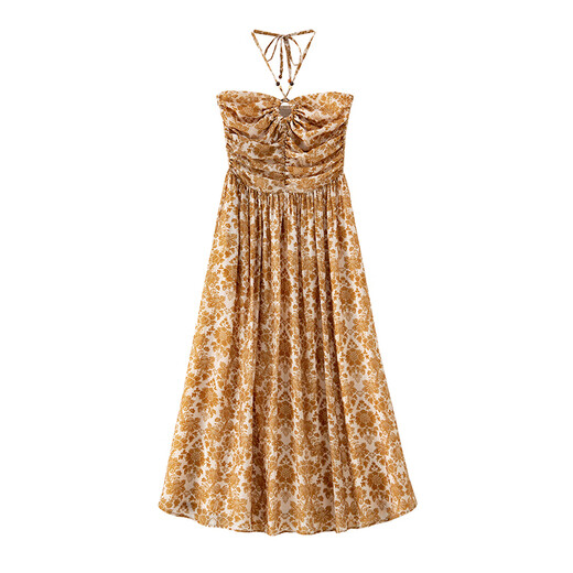 Banana CICI 2025 Summer NUEVO VACIONES Estilo de vacaciones Luz y transpirable Vestido de suspensión de Ramie Pure Ramie C252LY694 Amarillo S