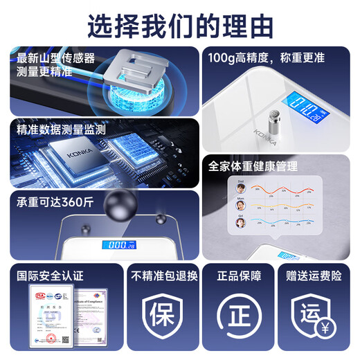 Konka Electronic Scale Weight Scale Intelligent Body Fat Scale High Accurate Electronic Scale Household Weight Weight Loss Sports and Fitness Special Scale 81 Health Data Monitoring [Weight Scale] Fashion White-Intelligent Temperature Measurement [Accurate 0.1KG] Battery