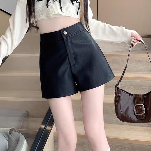New small leather shorts for women in autumn and winter, new black American shorts, versatile high-waisted A-line European goods, black XL (recommended 115-125 Jin Jin equals 0.5 kg)