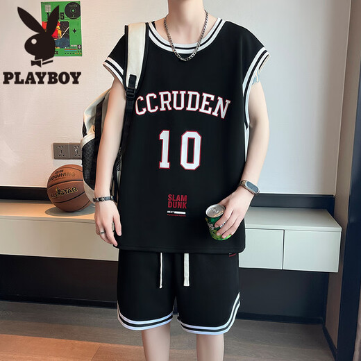Playboy (playboy) Ice Silk Derying Basketball Suit pour garçons, élèves de lycée, T-shirts, adolescents, maillots de gilet sportif d'été, LBD-TZ6173 Black (Tops + Shorts) L 105 à 115 Jin [Jin est égal à 0,5 kg]
