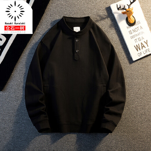 Kuraishi Kazuki American retro loose heavyweight bottoming long-sleeved sweatshirt men's autumn and winter trendy brand high-end hooded henley top Army Green M