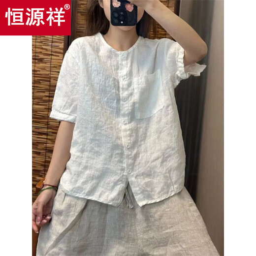 恒源祥时尚棉麻短袖圆领衬衫女夏季新款复古文艺宽松百搭减龄开衫上衣服 卡其色（好面料） M 建议100斤内