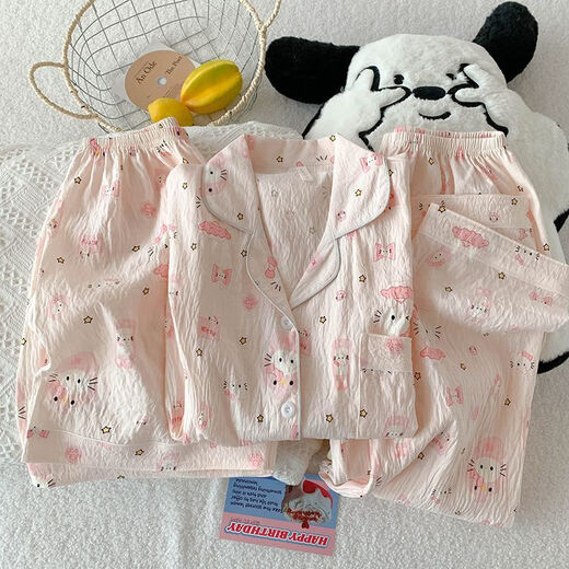 S.sofea Cloud Cotte Pajama для женщин Лето-розовый кошка мультфильм с короткими рукавами с тремя частями.
