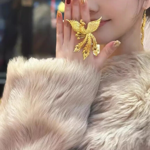 OEMG Old Phoenix Gold Store Model Feng Wu Jiutian Ring Ancient Golden Phoenix Light Luxury Wedding Three Gold Open Index Finger Ring (Feng Wu Jiutian) Ring Style Three