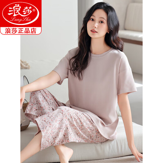 Langsha Modal Pajamas Women's Summer 2025 New Short Sleeve Thin Large Size Summer Ice Silk Cool Home Clothing Set DM13807 M (160): Recommended 80-100Jin [Jin equals 0.5 kg] Wear [