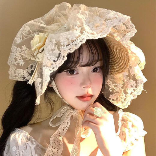 
DJVT Japanese Monkey Princess Lolita Hat Women's Spring and Summer Lace Knitted Straw Hat French Retro Sunshade Sun Hat Beige Lace Straw Hat All Size