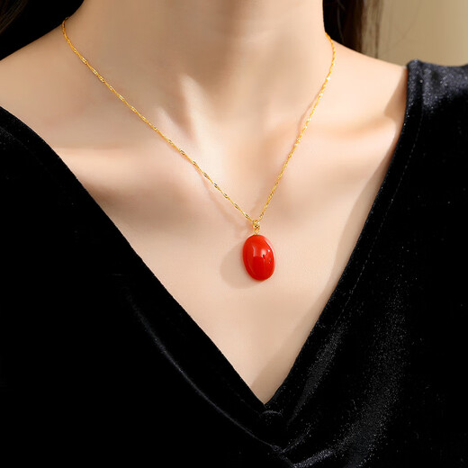 CAOX Baoshan Nanhong Agate Wushi Brand Pendant Necklace for Women 18K Gold Persimmon Red Full Meat Nine Purple Lihuo Egg Noodles Pendant Egg Noodle Wushi Brand 18K Gold Pendant + 925 Silver Water Wave