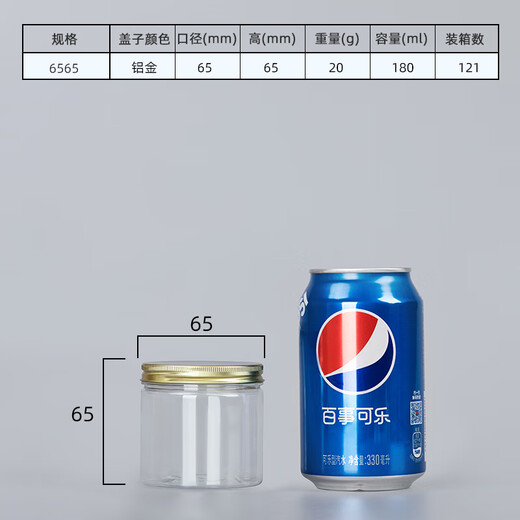 OUOETY铝金盖pet塑料瓶子食品级密封罐透明圆形广口商用零食饼干包装桶 6.5*8.5cm21g铝金盖756个