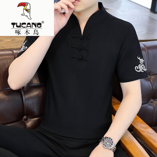 啄木鸟（TUCANO）冰丝t恤男士短袖2025新款男装中国风V领半袖夏季薄款中式盘扣体恤 E9871黑色 (冰丝滑料) M