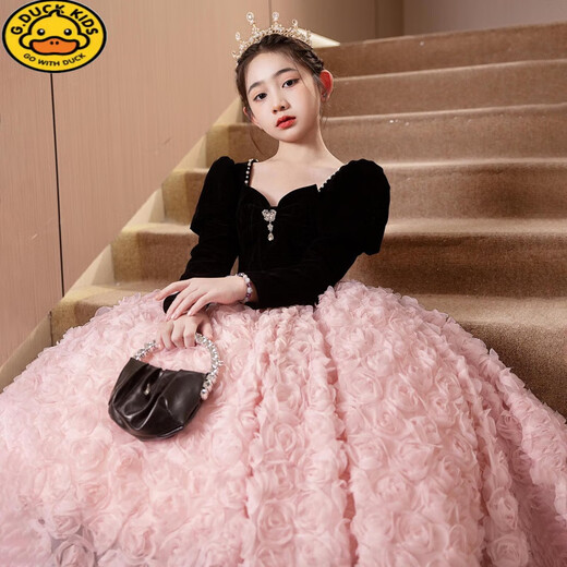 G.duck girls evening dress light luxury niche high-end host autumn and winter birthday princess dress children piano performance pink short plus velvet thickening 100 height 90-95cm age 3-4 years old