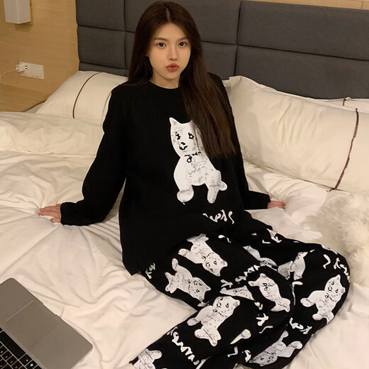 Yalu new pajamas for women in spring and autumn summer long-sleeved cute student dormitory pure and lustful home clothing set KT-16818-wavy dog ​​M [suggested 80-100Jin [Jin equals 0.5 kg]]